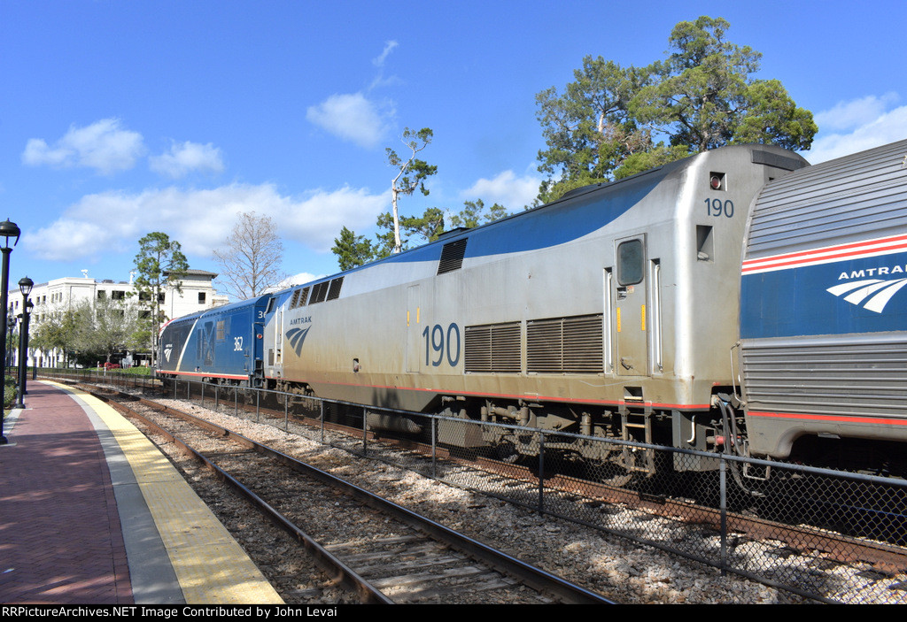 Rear side view of ALC-42 # 362 and P42DC # 190 on the northbound Amtrak Silver Meteor at the station in beautiful Downtown Winter Park, FL 